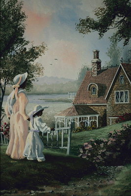 Kvinnan med flickan bredvid ett tegel hus