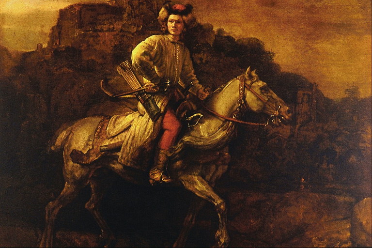 Ritratto di un cavaliere su uno sfondo di montagne
