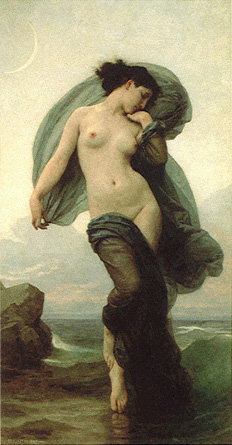 Girl with a cloak of sea waves on the shore