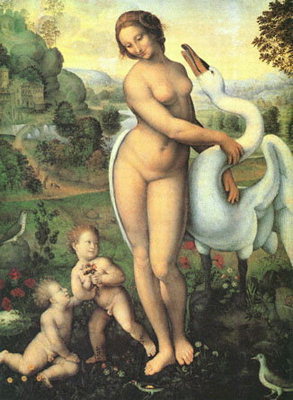 Nude ילדה עם ברבור לבן