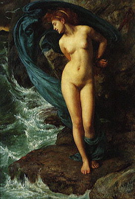 Naked girl in raging waves