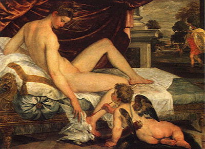 Nude woman, pigeons and an angel