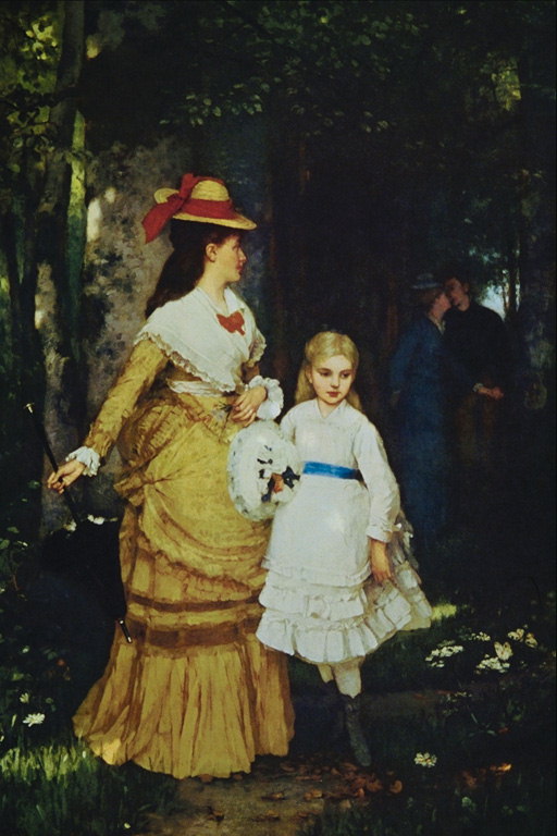 माँ और बेटी को एक सफेद फीता पोशाक में