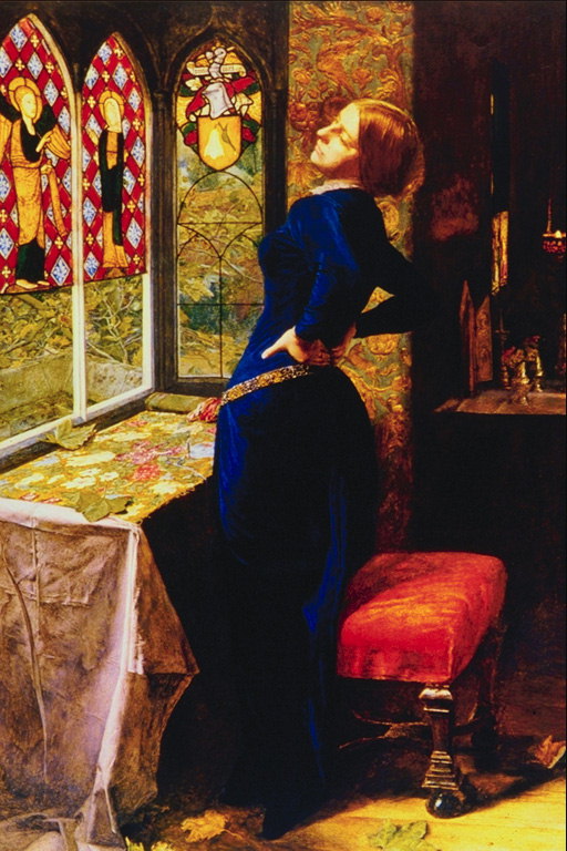 Das Mädchen im blauen Kleid durch das Fenster