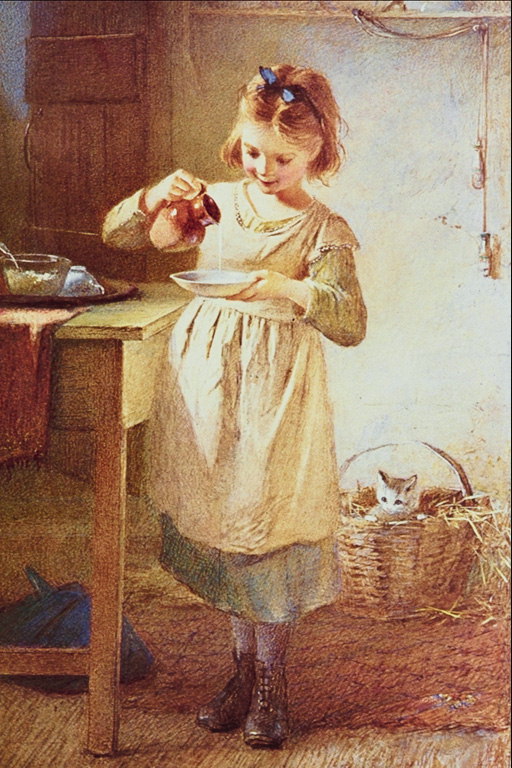 Ein Mädchen gießt Milch Katze