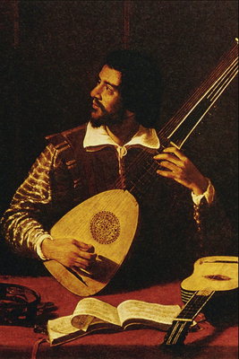 Mannen med musikinstrument. Musik bok