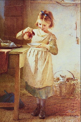 A girl pours milk cat