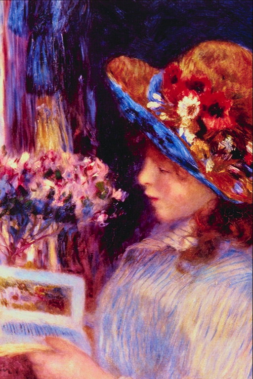 Noia en barret de palla amb flors, amb un llibre a les seves mans