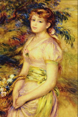 Het meisje in de lila jurk met een lichte groene gordel
