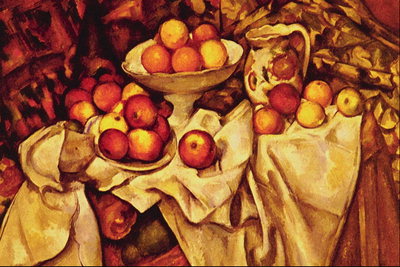Still life. The apples on the cloth, and plates
