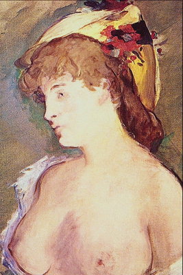 लड़की की टोपी में एक नग्न स्तन के साथ