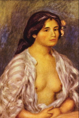 Девушка в рубашке в полоску с обнажённой грудью