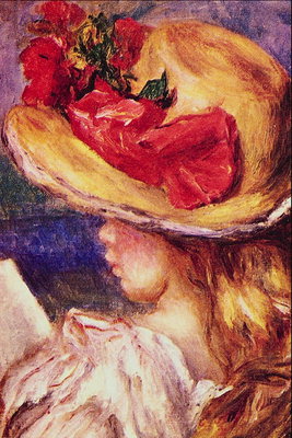 En pige i en lys-brun cap med en rød sløjfe