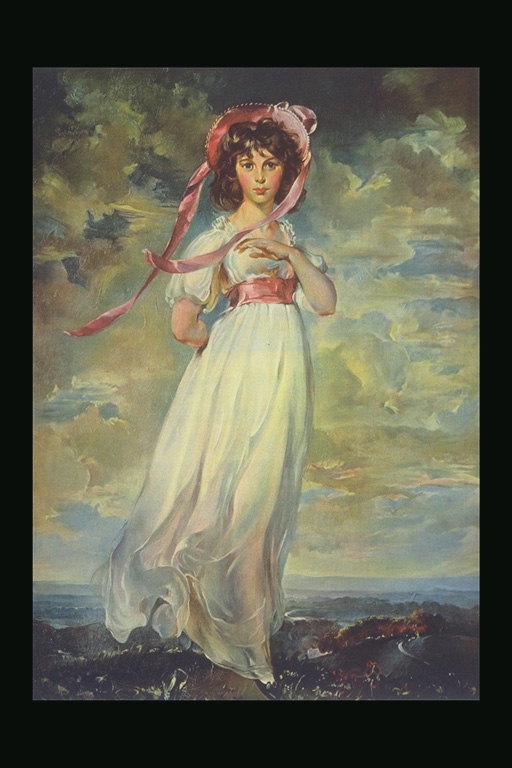 A girl in a light white dress in a pink cap with ribbons