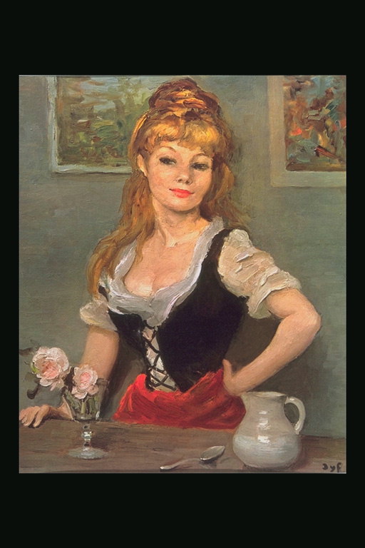 The girl with blond curly hair in a black corset and red skirt
