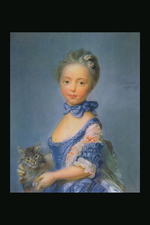 Dievča v modrých šatách a mačky