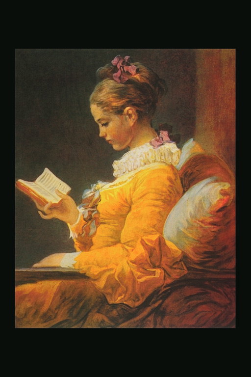 La ragazza in abito arancione con un libro