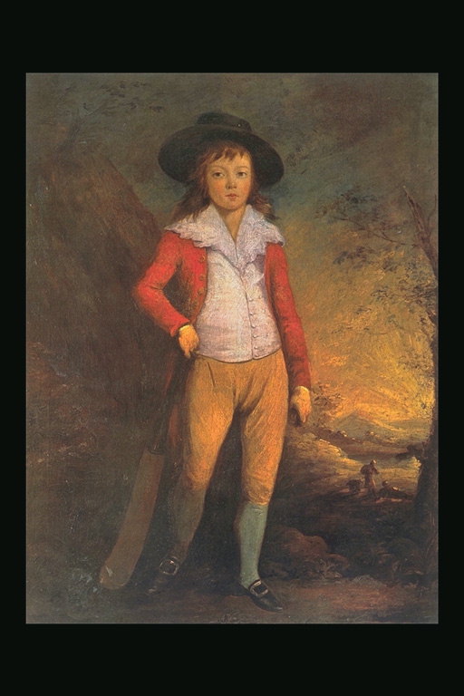 Een jongen in een rode jas en wit hemd met brede kraag