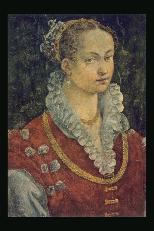 Portrett av en jente i en kjole med høy krage