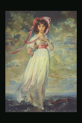 리본과 핑크 빛 하얀 드레스를 입고 모자를 쓴 여자