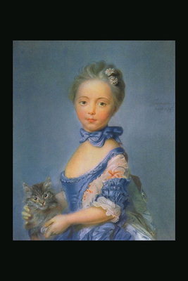 Fata, în rochie albastră şi o pisică