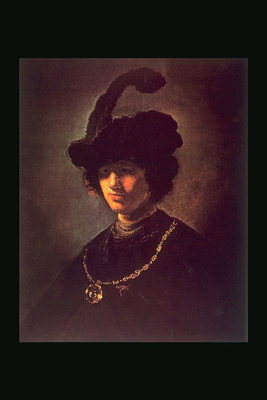 A young man in a hat with a feather