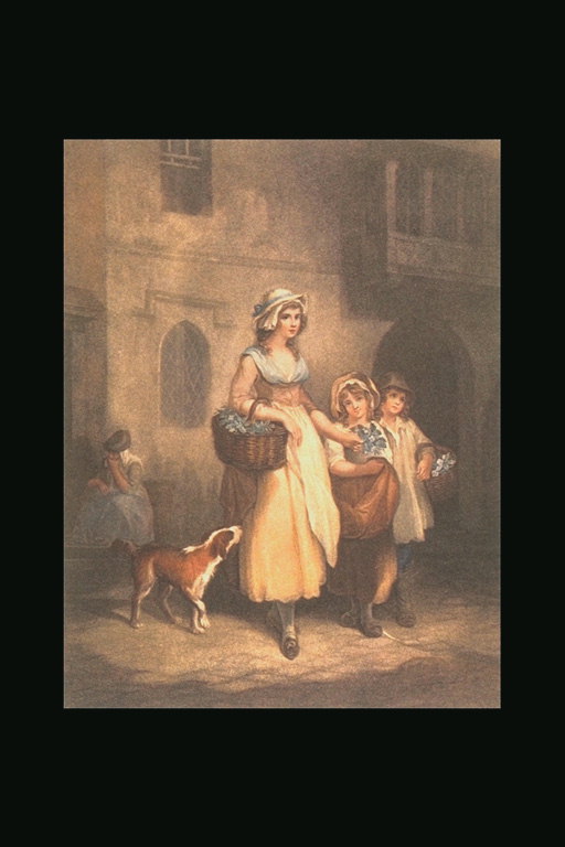 औरत और बच्चों को एक कुत्ते के साथ एक टोकरी के साथ