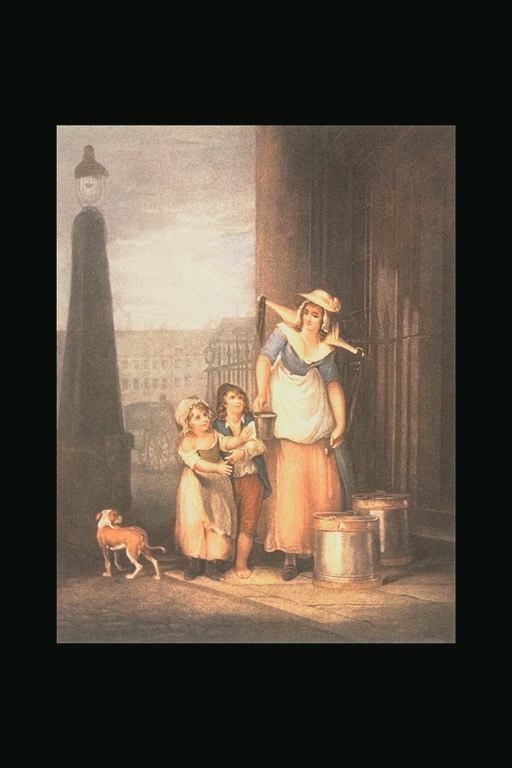 Žena i djece s buckets
