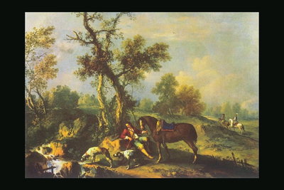 नदी में कुत्तों के साथ घुड़सवार