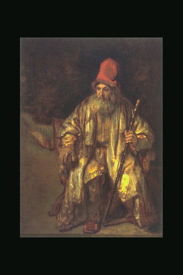 Старият мъж с жълта рокля с пръчка в ръка.