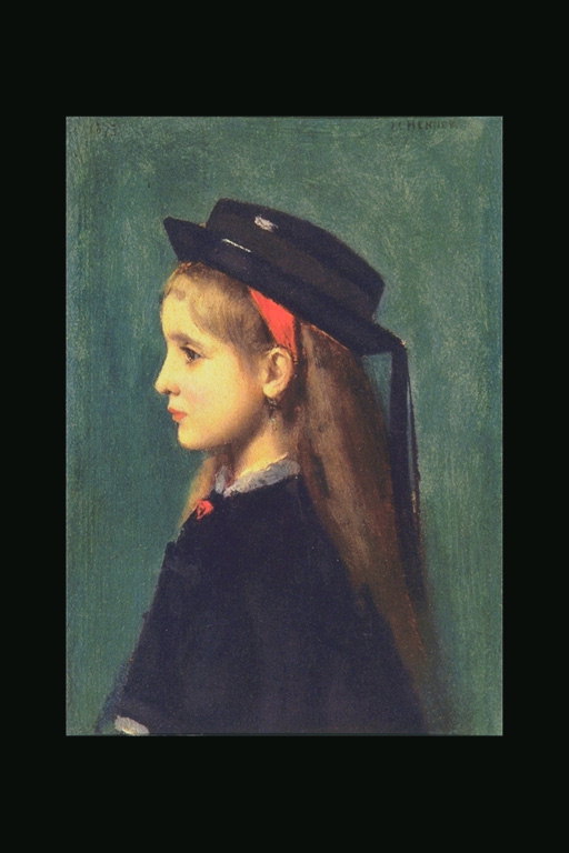 Dívka v černém klobouku s červenou stuhou