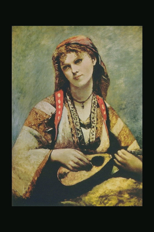 Mujer en traje nacional con un instrumento musical
