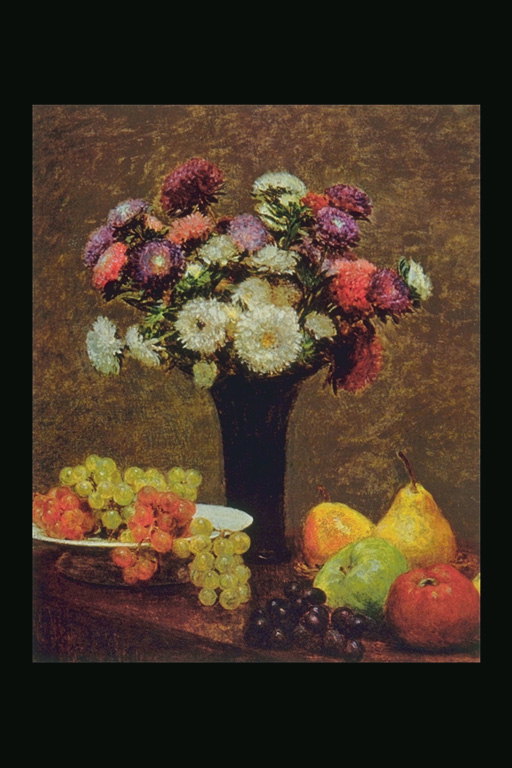 Sastāvs ziedi, vīnogas, āboli un bumbieri