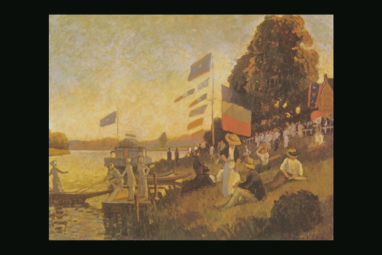 Rekreantů na břehu lidí ve člunu na řece