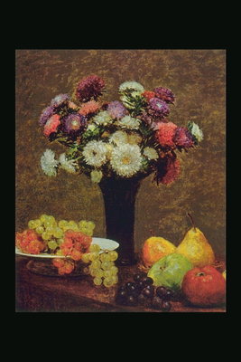 A composición de flores, uvas, maçãs e peras