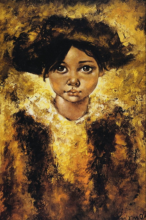 Unha rapaza con grandes ollos escuro e corte de cabelo curto