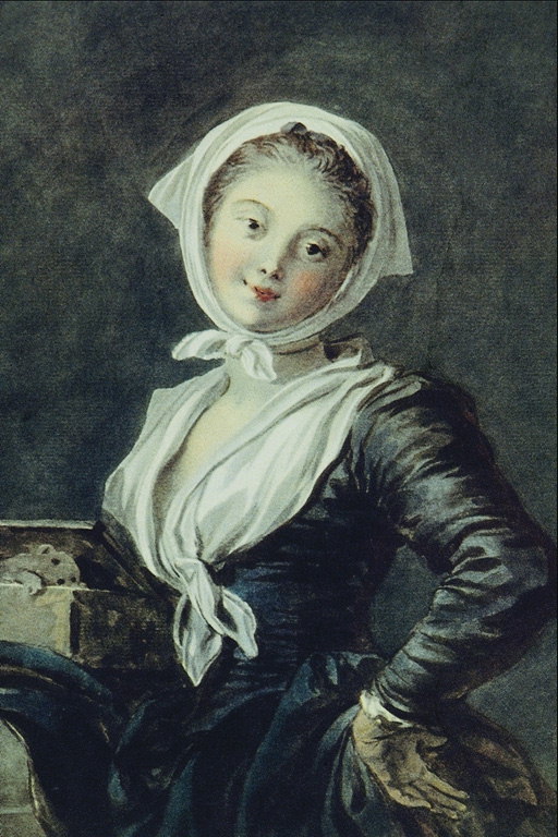 Uma menina de um vestido branco e lenço escuro