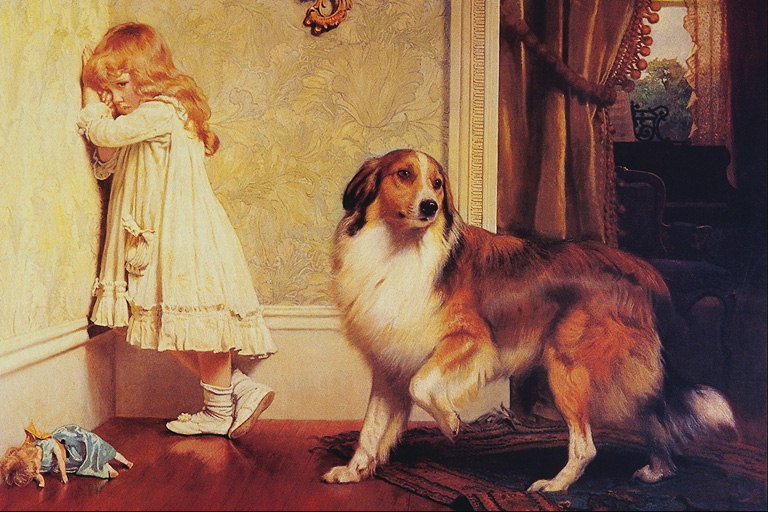 ที่หญิงสาวในมุมและสุนัข