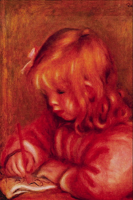 Pigen trækker et billede. Maleriet i røde farver