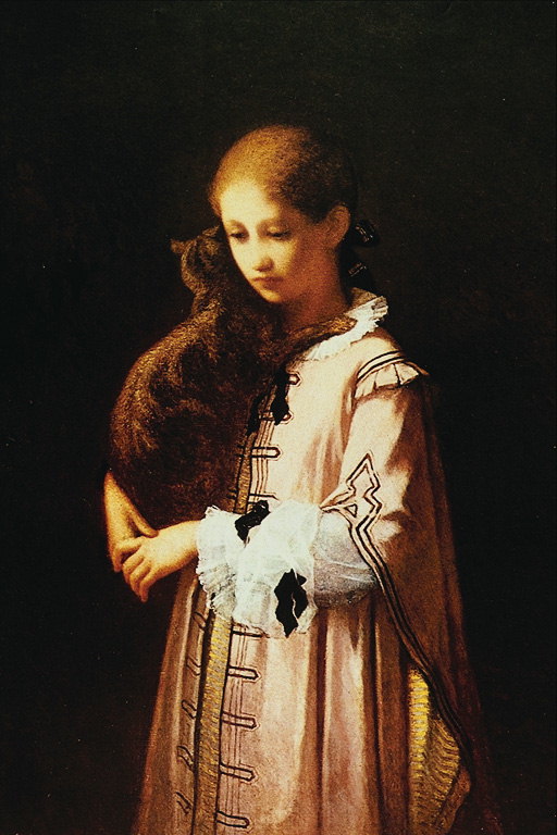 Дівчинка в сорочці в мереживних рукавами з чорною кішкою на руках