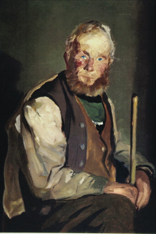 Пожилой мужчина в темно-коричневой рубашке с деревяной тростью