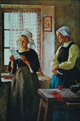 Kvinnor läser brev från fönster