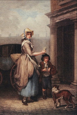 Una mujer en un vestido de color marrón claro con un niño y un perro