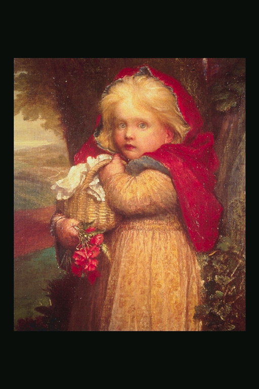 हाथ में एक टोकरी के साथ एक लाल बरसती में एक लड़की