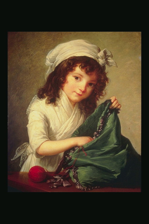 A girl in a white kerchief to bag
