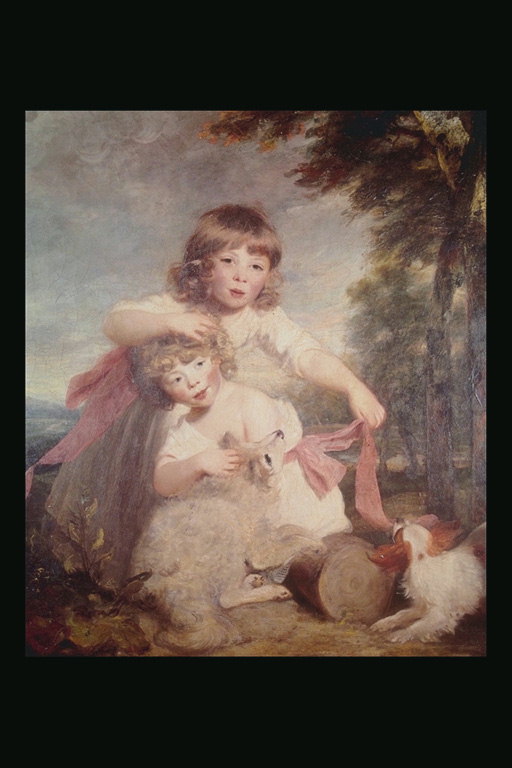 Children with a wolf and a dog