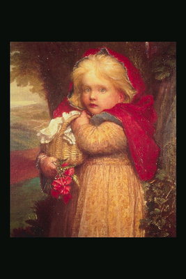 Ein Mädchen in einem roten Mantel mit einem Korb in den Händen von