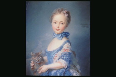 Young girl in a blue dress with a cat
