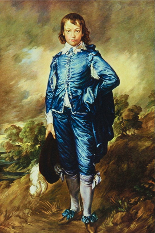 A boy in a blue satin dress. A hat with a feather