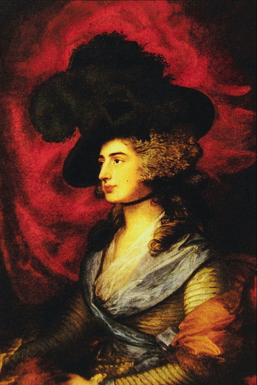 Lady i en svart mössa med fjädrar, eldig-röd sjal